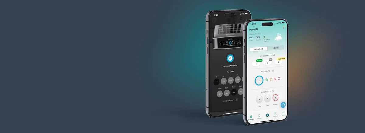 The Alen Air app showing air quality and fan controls on two phones